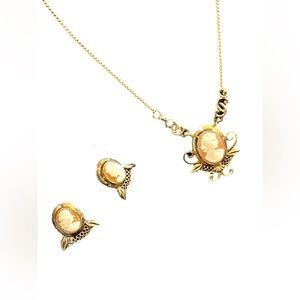 Vintage 12k GF Gold filled  Carved shell Cameo SET necklace & Earrings